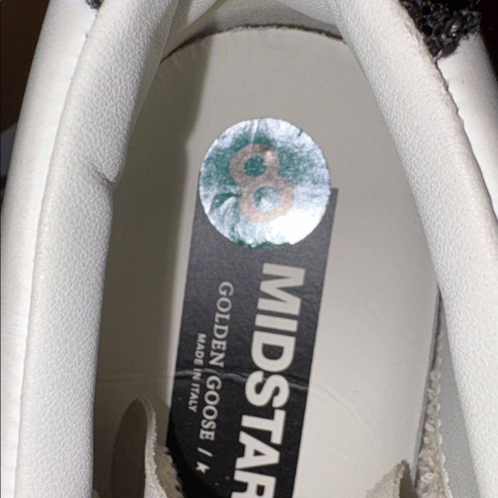 Golden Goose Mid Star White Sneakers with Gold Star and Dark Brown Glitter Heel - Picture 11 of 16